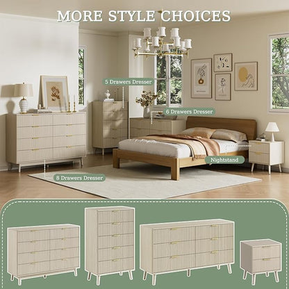LYNSOM Fluted Dresser and Nightstand Sets 3 Piece, 9-Drawers Dresser and 1-Drawer Nightstands Set of 2, Wood Bedroom Furniture Set for Home, Bedroom, Hallway, Beige