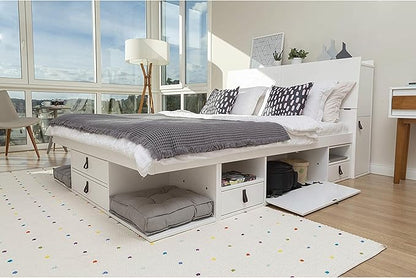 memomad Bali Set: Storage Platform Bed with Drawers + Bookcase Headboard (Queen Size, White Wood)