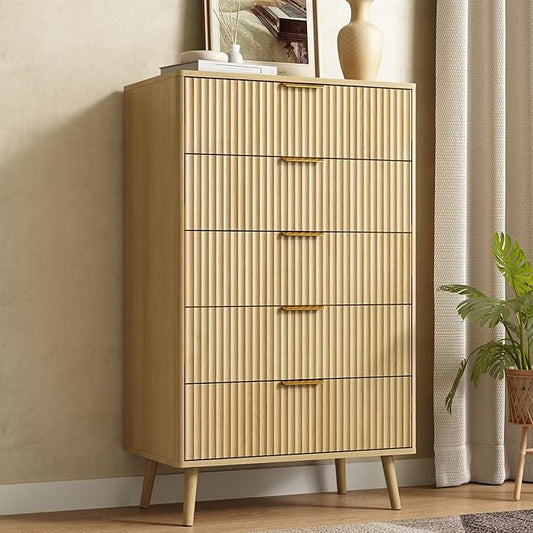 CARPETNAL Fluted 5 Drawers Dresser for Bedroom, 45" Tall Wooden Chest of Drawers with Rounded Corners, Gold Handles, Modern Storage Organizer for Bedroom, Hallway (Oak)