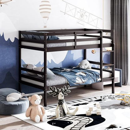 KOMFOTT Wood Bunk Bed Twin Over Twin, Bunk Bed with Ladder & Safety Guardrail, Solid Wood Bed Frame, Ideal for Dormitory & Multiple-Child Family, No Box Spring Needed, Kids Twin Bed