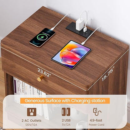 Narrow Nightstand Set of 2, Wooden Small 2 Drawer Nightstand, Slim Side End Table, Skinny Bedside Table, Mid Century Modern Night Stand with Drawers, for Living Room (Walnut-Charging Station-1 pc)