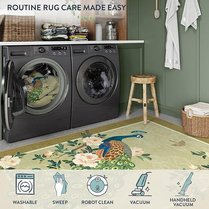 Lahome Peacock Area Rugs 8x10, Soft Washable 8x10 Rugs for Living Room, Floral Non Slip Vintage Ultra-Thin Stain Resistance Large Carpet for Bedroom Office Farmhouse Dining Room, Beige