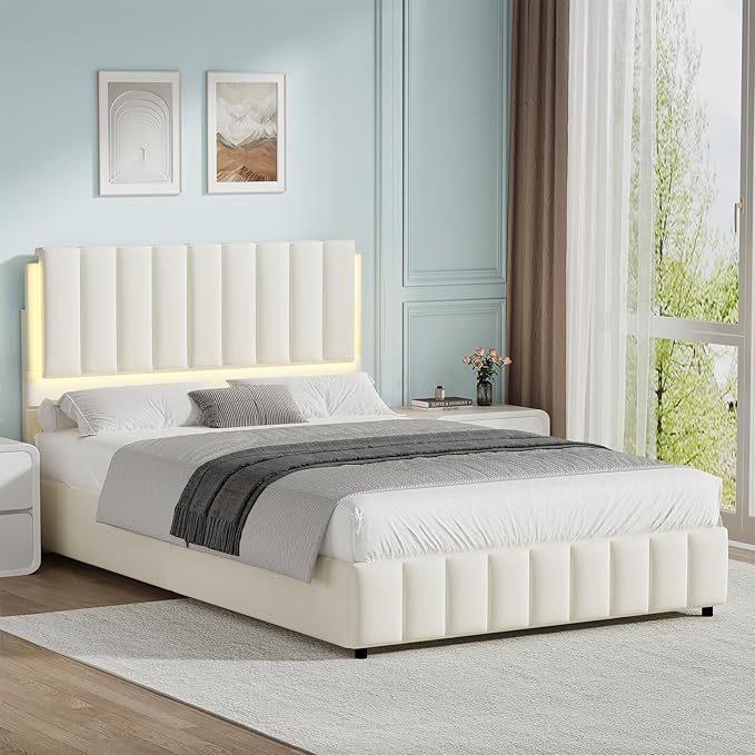 Queen Bed Frame with Headboard and LED Lights, Modern Upholstered Faux Leather Platform Bed with Wooden Slats Support, No Box Spring Needed, Easy Assembly, Cream