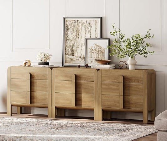 WAMPAT 3 in 1 9 Drawer Dresser for Bedroom, 94.5" Wide Mid Century Modern Wide Chest of Drawer, Wood Tall Nightstand with Curved Edge Handles, Closet Dresser TV Stand for Bedroom, Light Walnut