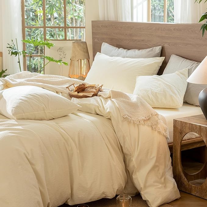 MooMee Wavy Striped Duvet Cover Set 100% Washed Cotton Linen Like Textured Breathable Durable Soft Comfy (Cream White, Alaska King 132"x120")