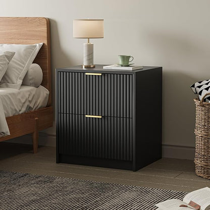 Set of 2 Fluted Nightstand with 2 Drawers, Modern Storage Bedside Table with Golden Metal Handles, Wooden End Table for Bedroom, Black