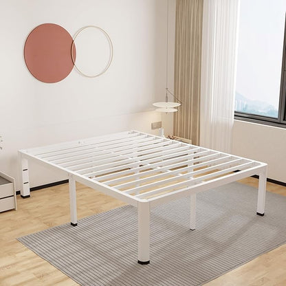 ROIL 20 Inch White Full Bed Frame with Rounded Corner and Headboard Hole Mattress Retainers, 3500LBS Heavy Duty Steel Slats No Box Spring Needed Platform Noise-Free Easy Assembly