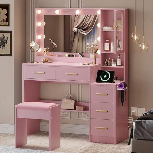 Makeup Vanity with Lights & Charging Station, Pink Vanity Table with 5 Drawers & Open Storage Shelves, Vanity Desk with Mirror & Lights, Dressing Table Set, Bedroom Makeup Table Set Gold Handle