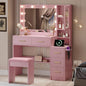 Makeup Vanity with Lights & Charging Station, Pink Vanity Table with 5 Drawers & Open Storage Shelves, Vanity Desk with Mirror & Lights, Dressing Table Set, Bedroom Makeup Table Set Gold Handle