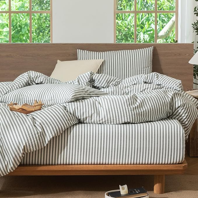 MooMee Striped Duvet Cover Set 100% Washed Cotton Linen Like Textured Breathable Durable Soft Comfy (Heathered Green Classic Stripes, King 104"x90")