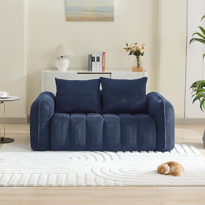 66'' Boneless Corduroy Loveseat Sofa, 2 Seater Tufted Deep Seat Couch with Rounded Armrest, Upholstered Cloud Couch for Living Room, Bedroom, No Assembly, Navy