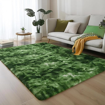 PAGISOFE Fluffy Dark Green Rugs for Living Room 5x8, Modern Abstract Bedside Carpets, Plush Rug High Pile Emerald Green Rugs for Kids Boys Girls Teen Dorm Nursery Room Decor Aesthetic, No-Shedding