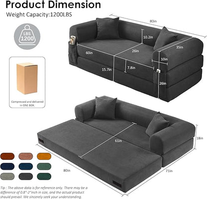 80" Convertible Sofa Bed, Corduroy Deep Seat Folding Pull Out Couch with Pillows, No Assembly Modern Boneless Couch Compression Sofa in Box, Floor Sofa with Storage Pocket for Living Room,Dark Grey