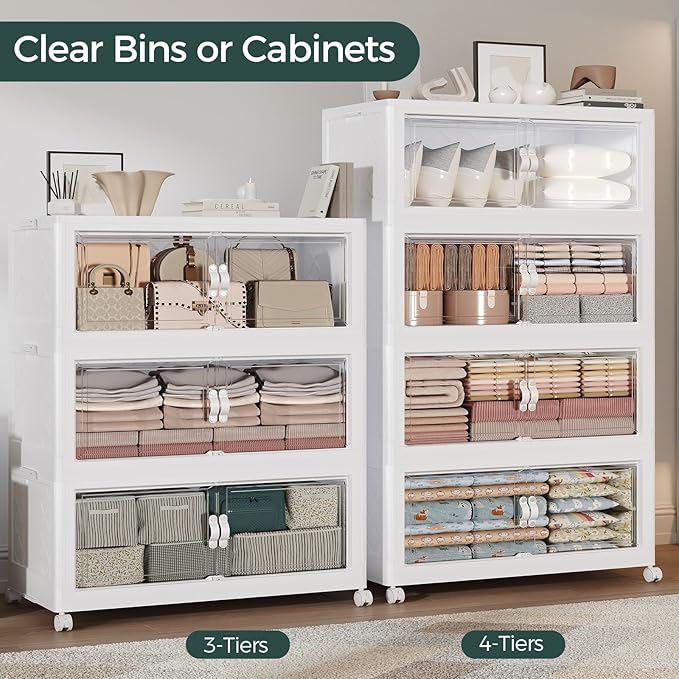 540QT Extra Large Stackable Storage Bins with Lid, 135Gal Collapsible Storage Box with Wheels and Doors, Plastic Closet Organizers and Storage Cabinet for Home Kitchen Office Dorm, 3Pack White