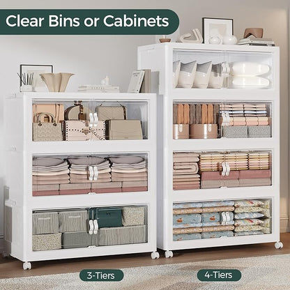 165Gal Stackable Storage Bins with Lid, 660Qt Extra Large Collapsible Storage Box with Doors and Wheels, Plastic Closet Organizer and Storage Cabinet Drawer For Home Kitchen, 3Pack White