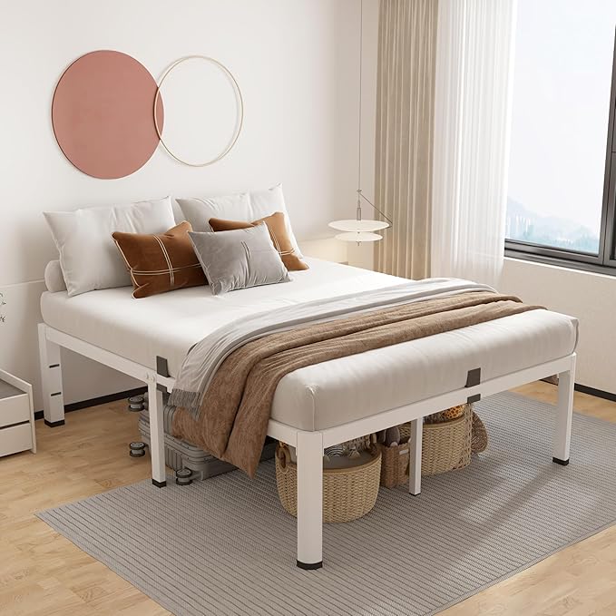 ROIL 20 Inch White Full Bed Frame with Rounded Corner and Headboard Hole Mattress Retainers, 3500LBS Heavy Duty Steel Slats No Box Spring Needed Platform Noise-Free Easy Assembly
