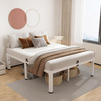 ROIL 20 Inch White Full Bed Frame with Rounded Corner and Headboard Hole Mattress Retainers, 3500LBS Heavy Duty Steel Slats No Box Spring Needed Platform Noise-Free Easy Assembly