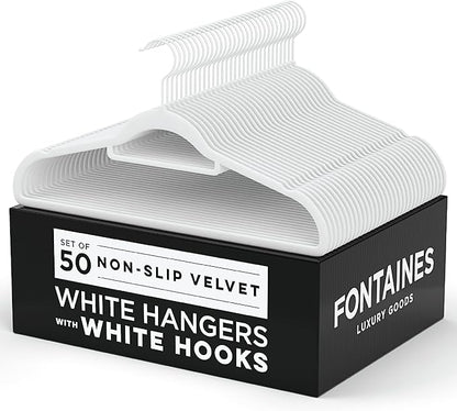 Fontaines Luxury White Velvet Felt Non Slip Clothes Hangers 50 Pack - Ultra Slim & Space Saving - Heavy Duty Swivel Hook for Clothing, Suit, Top, Tie, Shirt, Skirt & Pant Organization