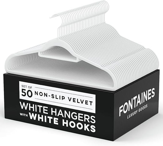 Fontaines Luxury White Velvet Felt Non Slip Clothes Hangers 50 Pack - Ultra Slim & Space Saving - Heavy Duty Swivel Hook for Clothing, Suit, Top, Tie, Shirt, Skirt & Pant Organization