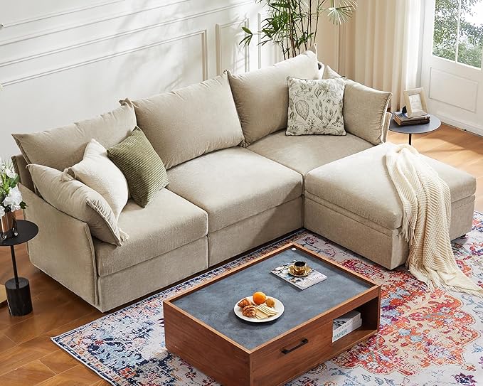 ABCASA Oversized Loveseat Sofa, Modern Modular Sectional Couch Beige Fluffy Chenille Mid Century 2-Seat 24.5" Deep Seat for Apartment, Living Room, Bedroom