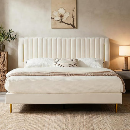 Queen Platform Bed Frame, Velvet Upholstered Bedframe with Vertical Channel Adjustable Headboard, Golden Plating Trim, Mattress Foundation with Wooden Slats, No Box Spring Needed, Beige
