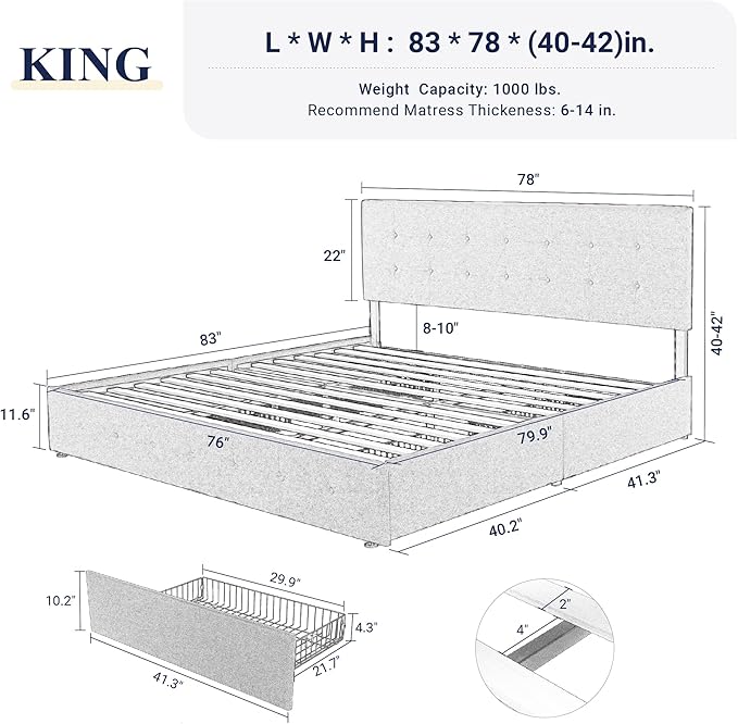 Allewie Upholstered King Size Platform Bed Frame with 4 Storage Drawers and Headboard, Square Stitched Button Tufted, Mattress Foundation with Wooden Slats Support, No Box Spring Needed, Light Grey