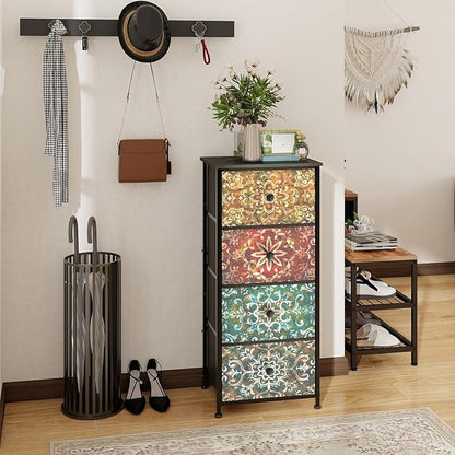GiftGo Retro Dresser with Fabric Drawers Boho Mandala Flower Chest of Drawers Narrow Storage Tower for Small Spaces Gaps Bedroom Beautiful Nightstand Living Room Table (Mandala, 4 Drawers)