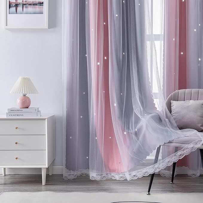 XiDi Curtains for Bedroom Decor, Rainbow GreyPinkPu-52-45