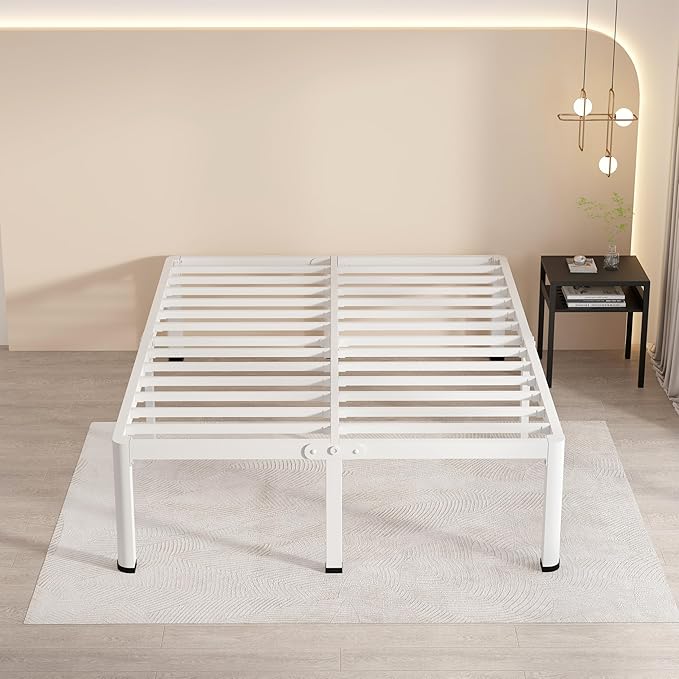 MAF 20 Inch Queen Size Bed Frame White with Round Corner Legs Mattress Slide Stopper No Box Spring Needed Heavy Duty Metal Platform Bed Frames Under-Bed Storage Space, 3000 LBS Steel Slats Support