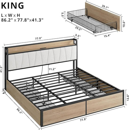 LIKIMIO King Bed Frame with 4 Storage Drawers, Platform Bed with Charged Headboard, Sturdy and Stable, No Noise, No Box Spring Needed, Easy to Install, Wood and Cream