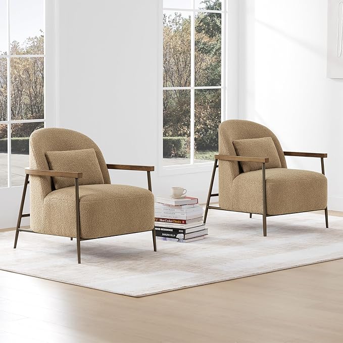 CHITA Accent Chair for Living Room Set of 2, FSC Certified Modern Upholstered Faux Sherpa Fabric Armchair with Metal Frame and Wooden Armrests, Camel