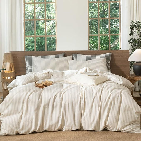 MooMee Striped Duvet Cover Set 100% Washed Cotton Linen Like Textured Breathable Durable Soft Comfy (Almond Milk Grey Classic Stripes, Oversized Full 82"x86")