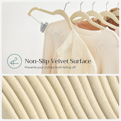 SONGMICS 20-Pack Pants Hangers, 16.7-Inch Long Velvet Hangers with Adjustable Clips, Heavy-Duty, Non-Slip Skirt Hangers, Space-Saving for Pants, Skirts, Coats, Dresses, Sandy Beige UCRF012K20