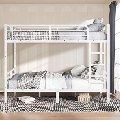 Full XL Bunk Bed Frame, Heavy Duty Metal Loft Bed for Adults/Teens, 350/500LB Capacity w/Ladder & Guardrail, Noise-Free Steel Slats, No Box Spring Required, White
