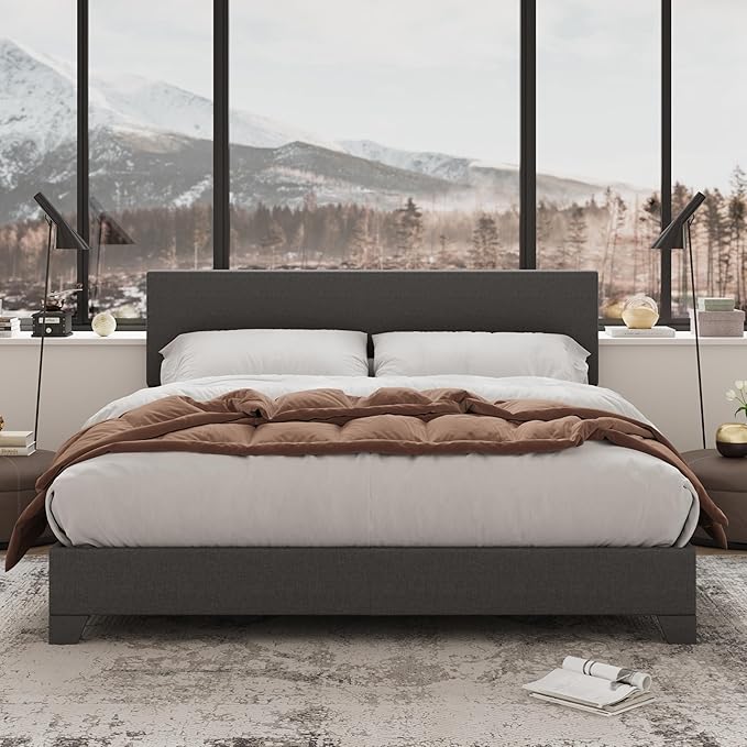 Allewie Full Size Bed Frame with Adjustable Headboard, Upholstered Platform Bed with Wood Slats, Heavy Duty Mattress Foundation, No Box Spring Needed, Noise-Free, Easy Assembly, Dark Grey