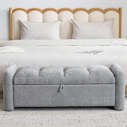 Oversized Chenille Ottoman Bench with Storage, Upholstered End of Bed Bench for Bedroom, Ottoman Foot Rest for Living Room, Light Grey