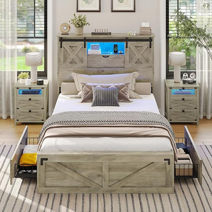 Hasuit Farmhouse Bed Frame Twin XL Size with 2 Storage Drawers, Wooden Platform Twin XL Bed with LED Lights and Charging Station, Rustic Headboard with Sliding Barn Door Storage Cabinets (Rustic Oak)