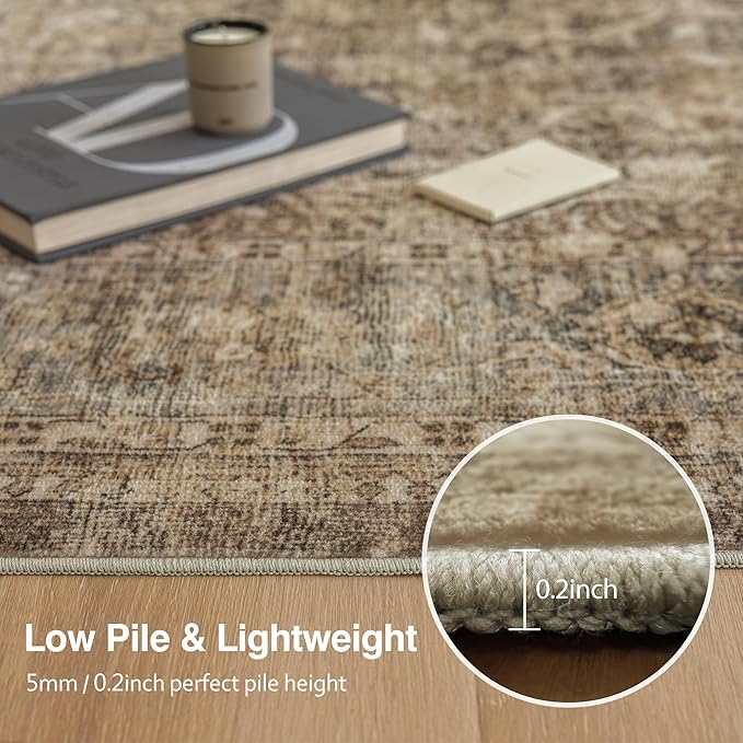 FMFUNCTEX 5x7 Washable Area Rug Neutral Vintage Brown Non Slip Low Pile Traditional Indoor Carpet for Living Room Bedroom Soft Retro Floral Mat Throw Rug for Dining Office Kitchen Dorm Entryway