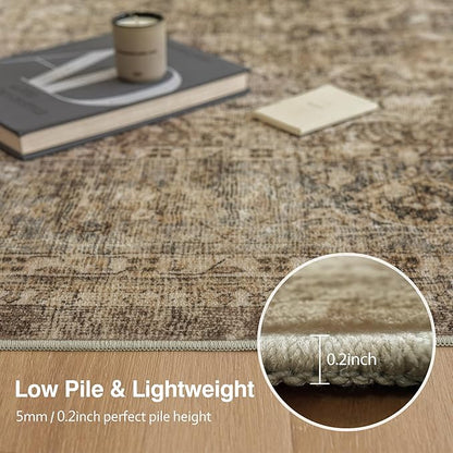 FMFUNCTEX 2x12 Runner Rug Brown Washable Vintage Neutral Distressed Non Slip Low Pile Indoor Carpet Retro Floral Hallway Entryway Rug for Kitchen Living Room Bedroom Bathroom Laundry Entry Bedside