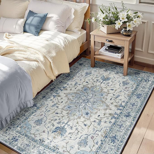 Area Rugs 3'x4' Washable Non-Slip, Floral Vintage Distress Print Pattern Medallion Carpet for Living Room Bedroom Dining Room, Light Blue Navy Beige Gray White