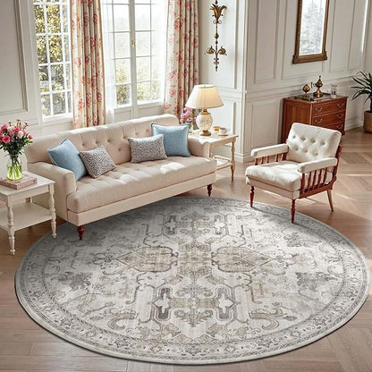jinchan Round Rug 7ft Area Rug Vintage Floor Mat Kitchen Indoor Ultra-Thin Soft Floral Print Washable Circle 7' Accent for Farmhouse Non Slip Dining Room Living Room Bedroom Office Taupe
