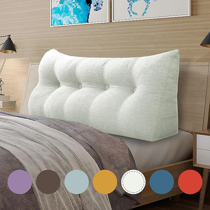 homecozy Wedge Headboard Pillow Dorm Room Reading Pillow Back Support for Sitting Up in Bed Bolster Lumbar Cushion Body Positioning Bedrest Cotton Linen 54in Grey-Beige Full
