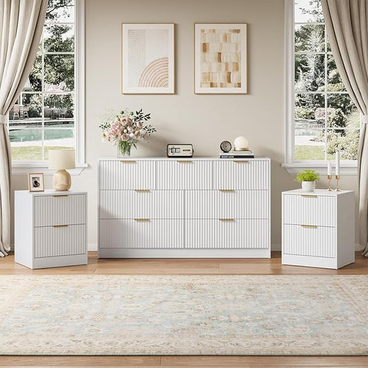 7 Drawer Dresser & Nightstand Set 3-Piece, 55” Wide Bedroom Dresser Set Night Stand Set of 2 with Metal Handle, Fluted Modern Wood Chest of Drawers Storage Dressers Set for Bedroom, White