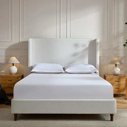 California King Size Upholstered Bed Frame, Platform Bed Frames with 54" Tall Headboard Wingback, Strong Wood Slats Support/No Box Spring Needed/Elegant Simplicity/No Noise, Cream White Chenille