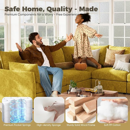 ABCASA 136.4" Oversized Modular Sectional Sleeper Sofa Bed, U Shaped Convertible Couch with Movable Ottoman, Large 8 Seat Corner Couches for Living Room Deep Seat Yellow Chenille
