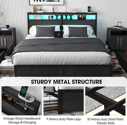 King Bed Frame with Storage Headboard and 4 Drawers, Metal Platform Bed Frame with LED Light, Charging Station, No Box Spring Needed, Noise Free, Easy Assembly,Charcoal Grey
