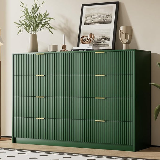 Green Dresser for Bedroom, Modern Dresser with 8 Drawers and Smooth Slides, Wide Chest of Drawers with Golden Handles for Bedroom, Closet, 15.7" D x 55" W x 37.4" H