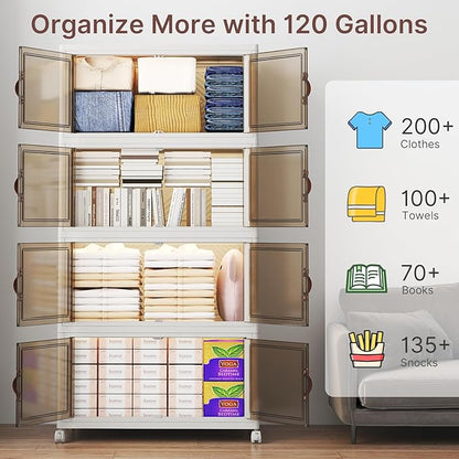 360Qt Stackable Storage Bins with Lids, 3 Pack Large Collapsible Bins with Wheels, Plastic Cabinet with Doors, Foldable Closet Organizers and Storage for Home, Dorm, Office, White