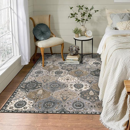 Lahome Moroccan Trellis Washable Area Rugs, 3x5 Rug for Bedroom Entryway Indoor Non-Slip, Small Oriental Accent Carpet for Living Room Kitchen Bathroom Office, Grey