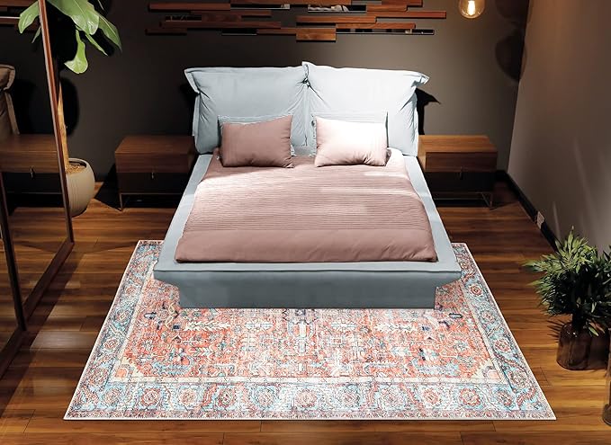 Bloom Rugs Washable Non-Slip 6' x 9' Rug - Orange/Blue Traditional Area Rug for Living Room, Bedroom, Dining Room, and Kitchen - Exact Size: 6' x 9'